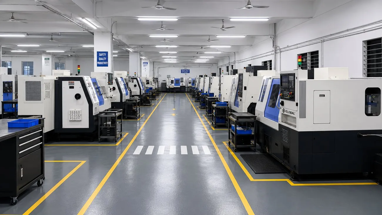 Aisle of CNC machining centres at the Jamnagar facility