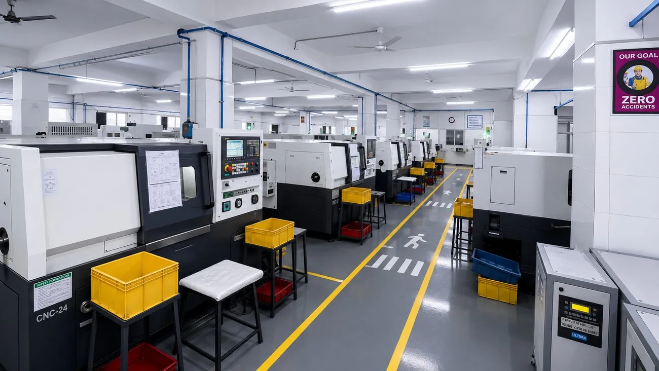 CNC turning shop floor with safety floor markings