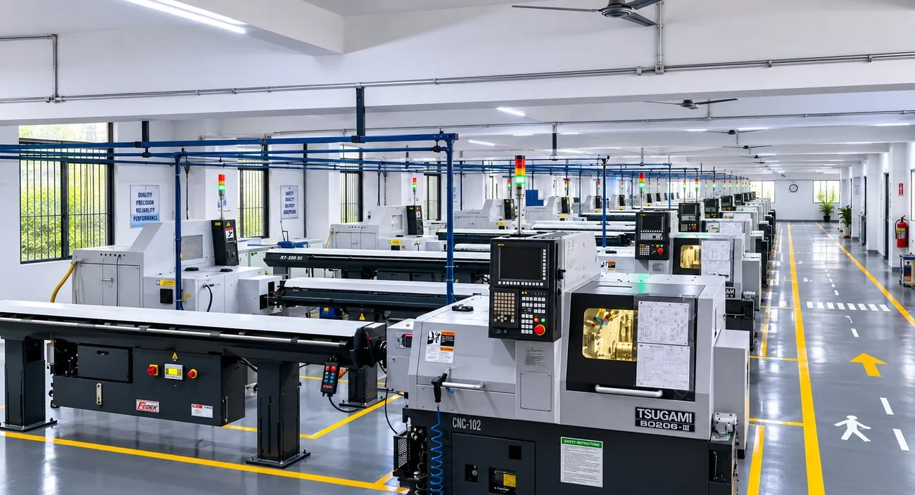 Rows of Tsugami Swiss-type CNC lathes on the Brassland shop floor