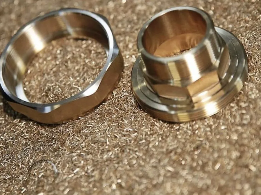 Precision brass parts with machining swarf