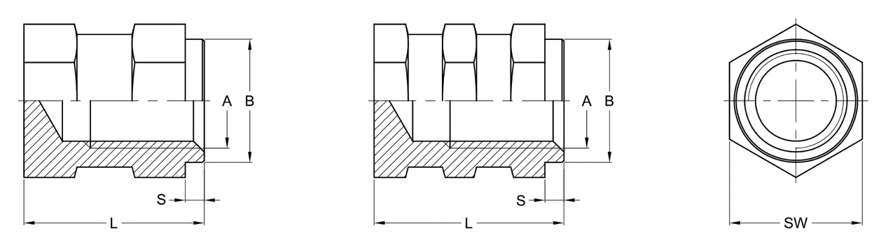 Brassland mould-in insert drawing — hex body for maximum anti-rotation