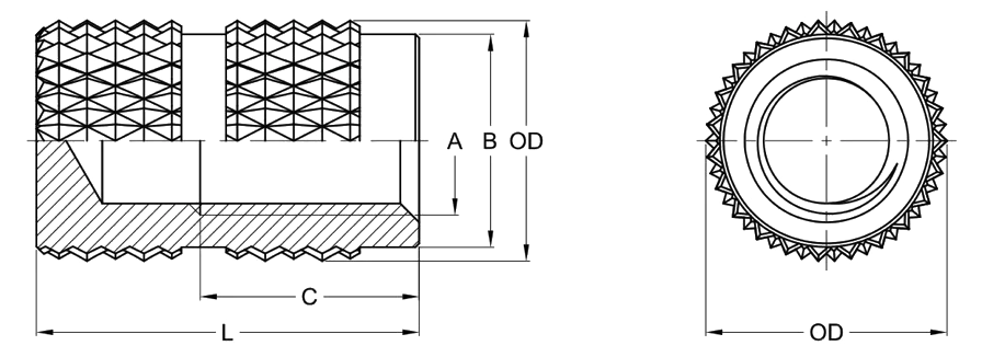 Brassland mould-in insert drawing — open-ended knurled body for over-moulding