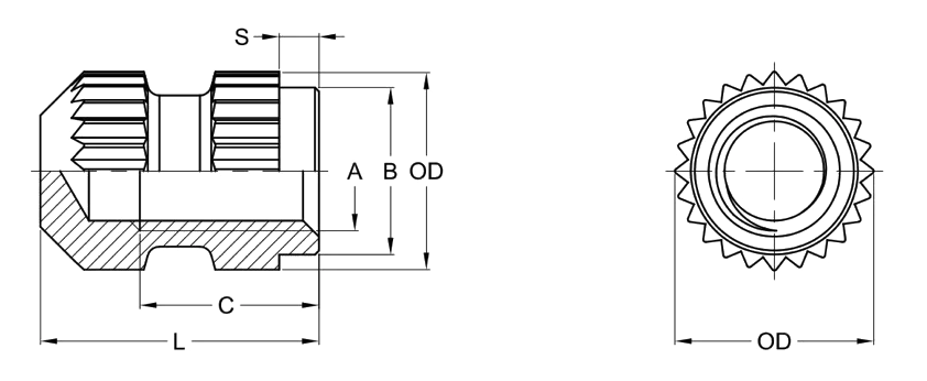 Brassland mould-in insert drawing — slotted body with anti-rotation groove