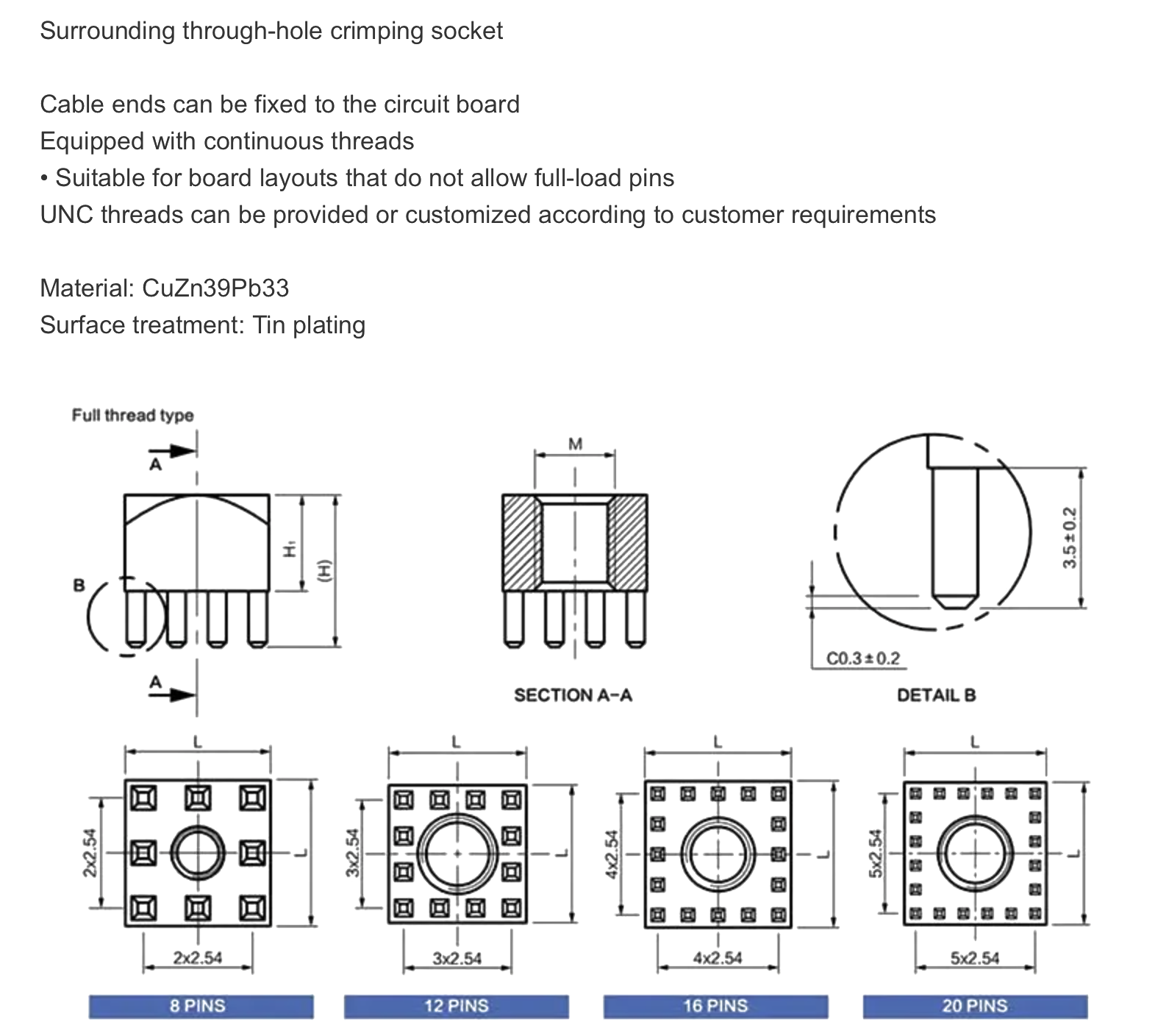 Brassland through-hole crimp socket — continuous-thread board-mount socket with 8, 12, 16 and 20-pin layouts
