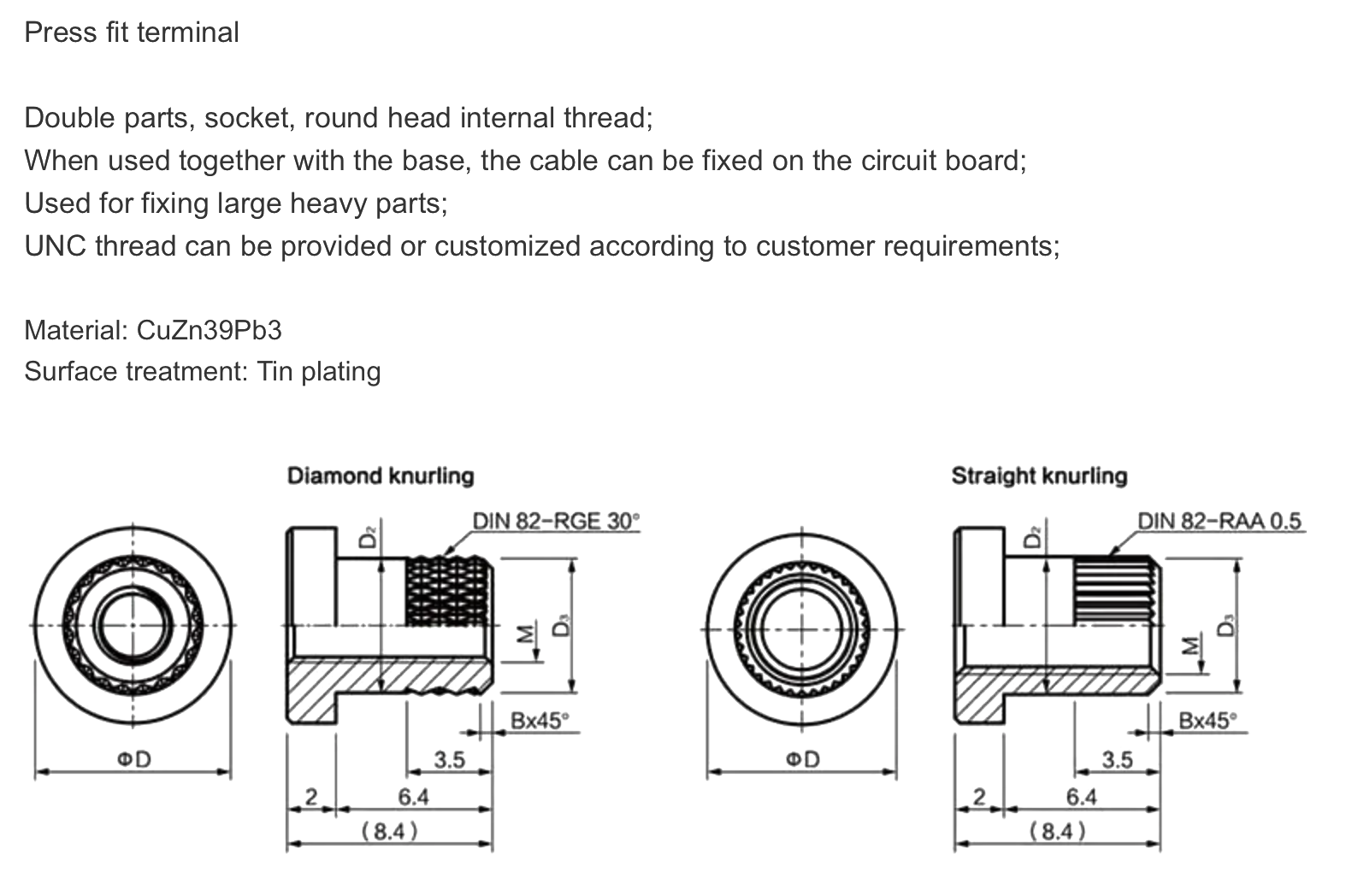Brassland press-fit terminal socket — diamond and straight knurl round-head internal-thread parts to DIN 82