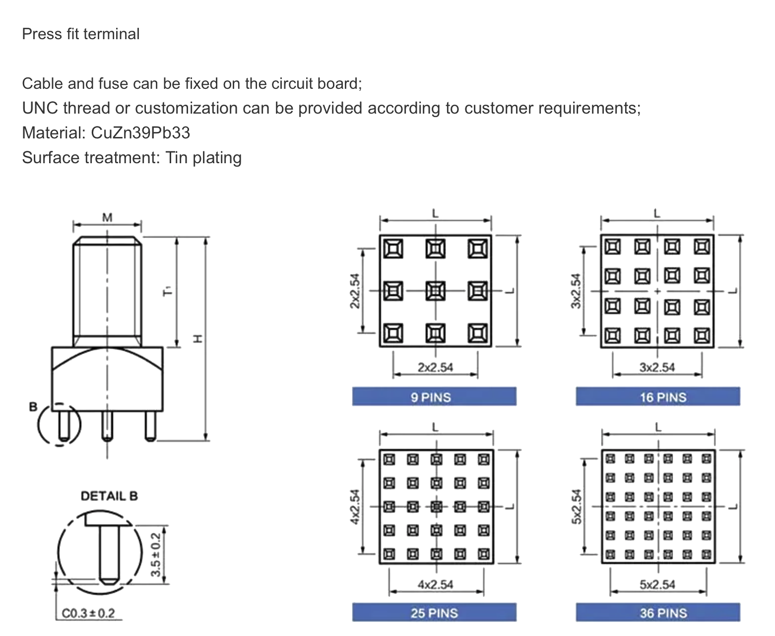 Brassland press-fit PCB terminal — board-mount terminal with 9, 16, 25 and 36-pin layouts on 2.54 mm pitch