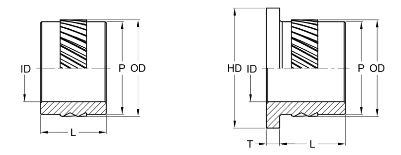 Brassland press-in insert drawing — headless and headed bodies