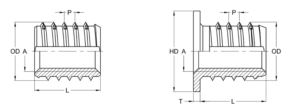 Brassland self-tapping inserts — headless and flanged-head variants