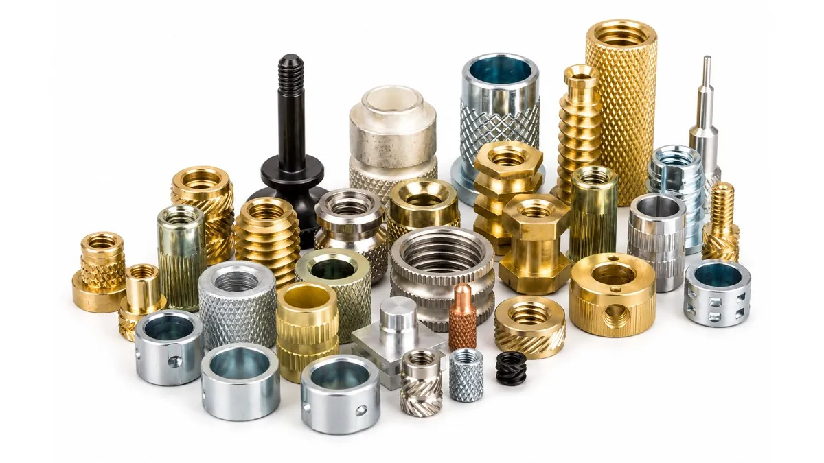 Assorted brass, steel and aluminium threaded inserts, knurled bushings and nuts machined by Brassland