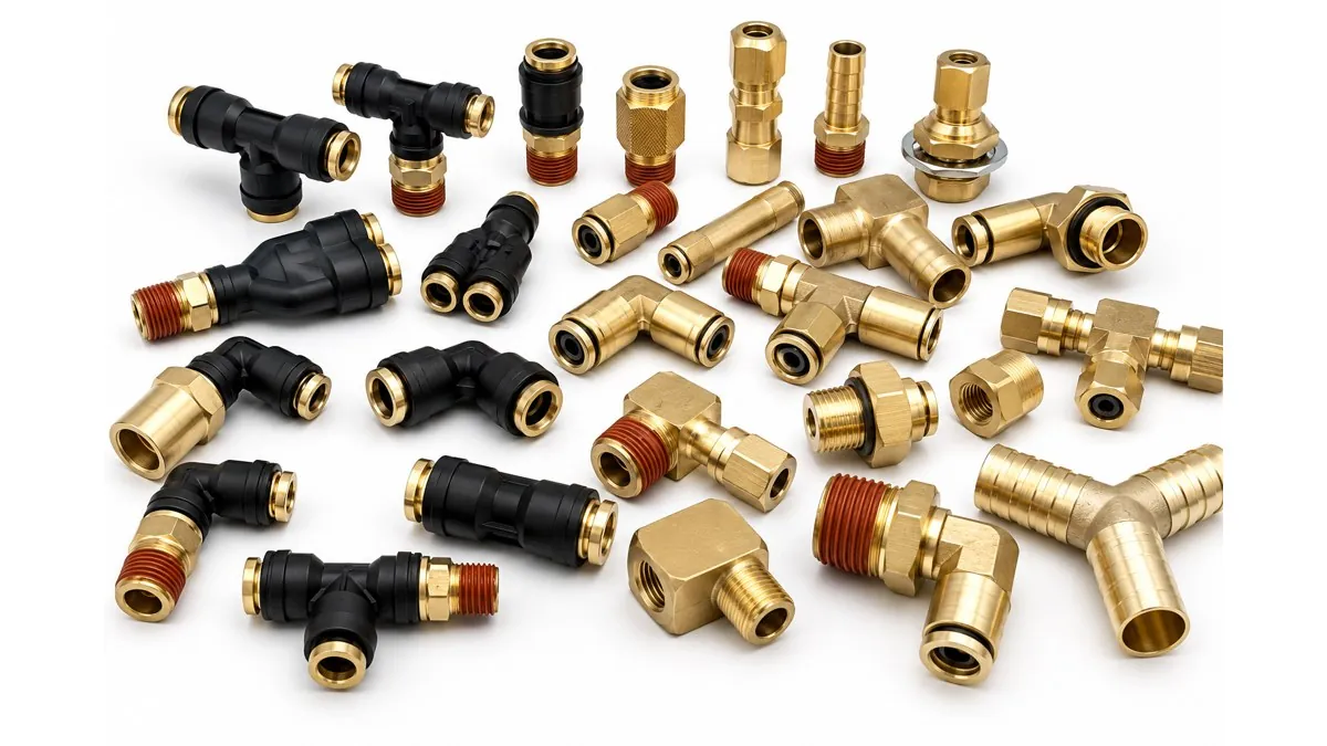 Brass and composite pneumatic and air-brake push-to-connect fittings, elbows and tees machined by Brassland