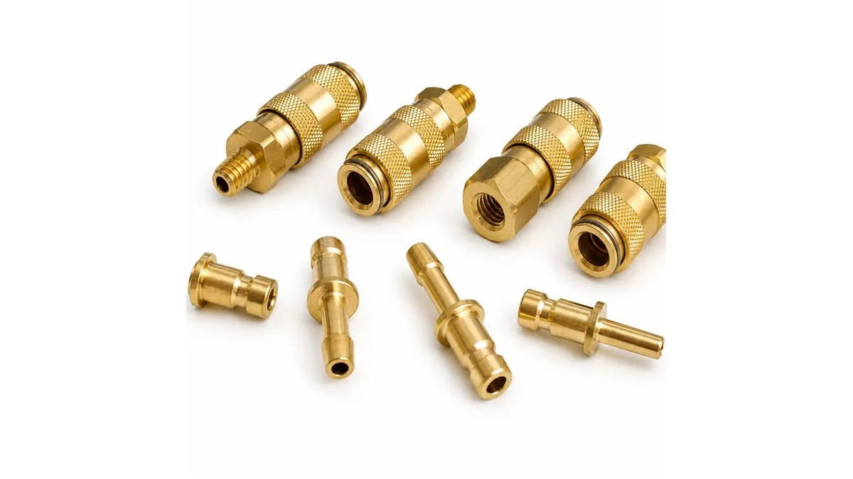 Brass quick-disconnect coupling bodies and hose-barb plug inserts machined by Brassland