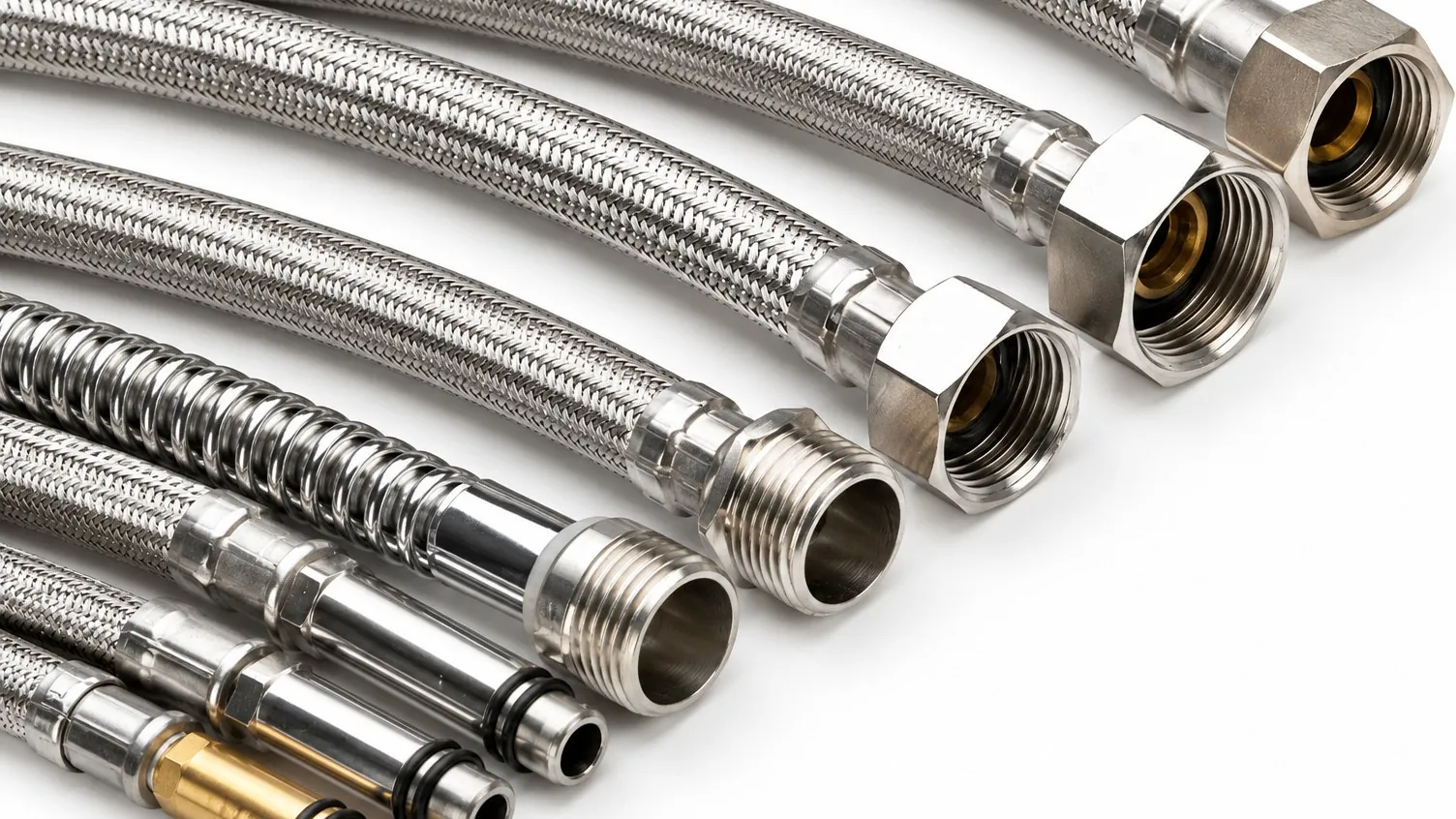 Braided flexible hose assemblies with machined brass and chrome connector fittings for automotive fuel, brake and fluid lines