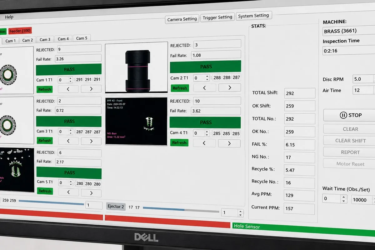 Optical sorting inspection software showing live multi-camera pass and reject data for a brass part batch at Brassland