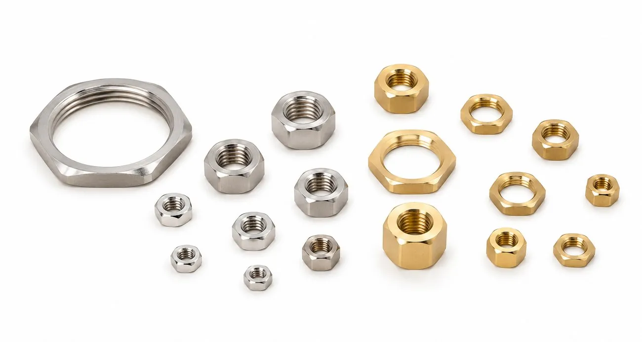 Brass hex, thin, ring and panel nuts — DIN/ISO and ANSI inch series in CW614N brass