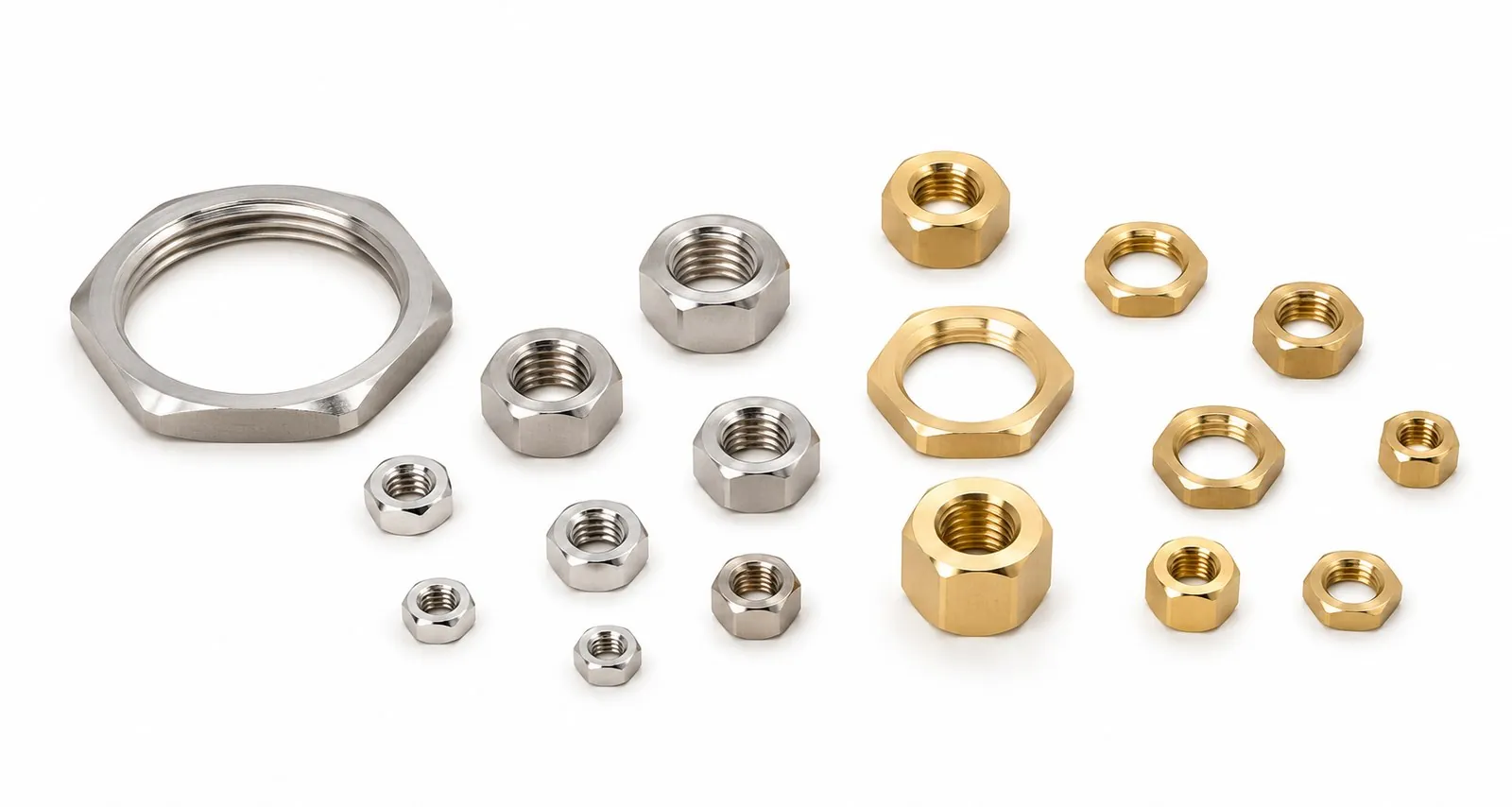 Brassland brass nuts catalogue — DIN 934 hex, DIN 6923 flange, DIN 917 cap, DIN 1587 dome, DIN 935 castle, ISO 4032