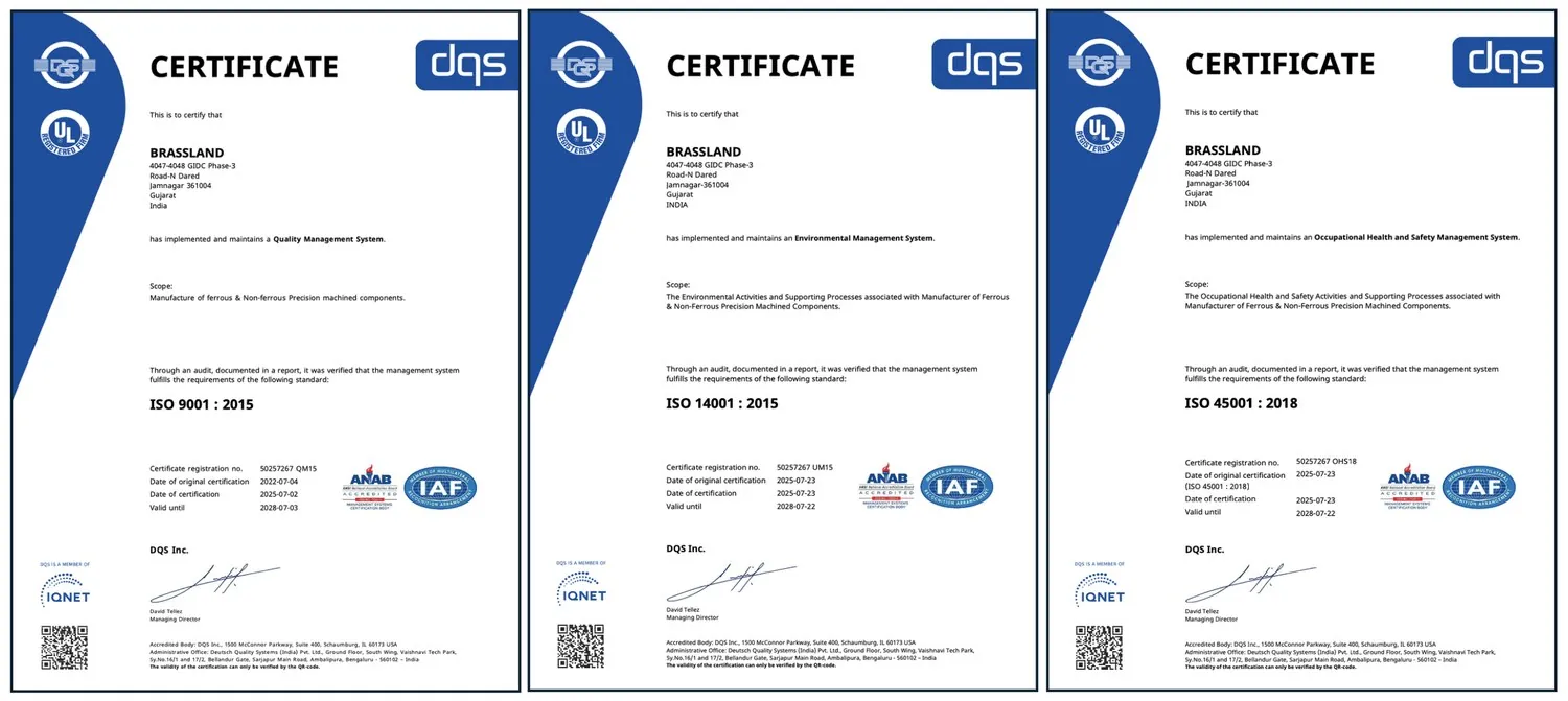 Brassland ISO 9001:2015, ISO 14001:2015 and ISO 45001:2018 certificates issued by DQS Inc.