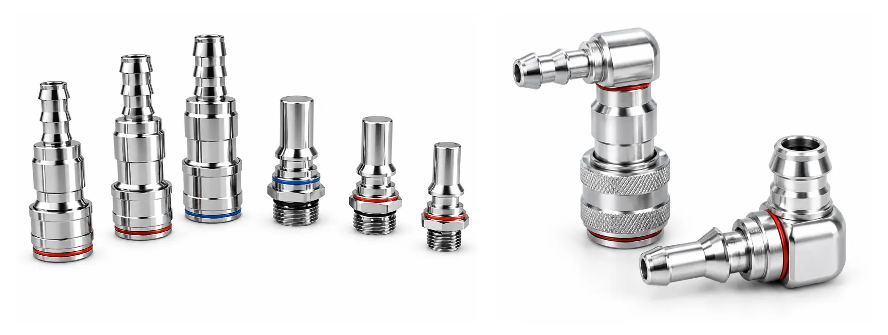 Stainless-steel and brass liquid-cooling quick-disconnect fittings and adapters machined by Brassland for data-center cooling