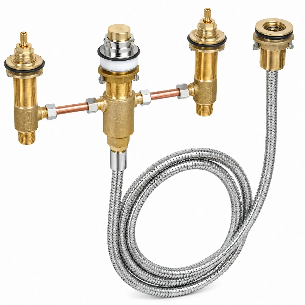 Brass deck-mount mixer rough-in body and connector parts machined by Brassland