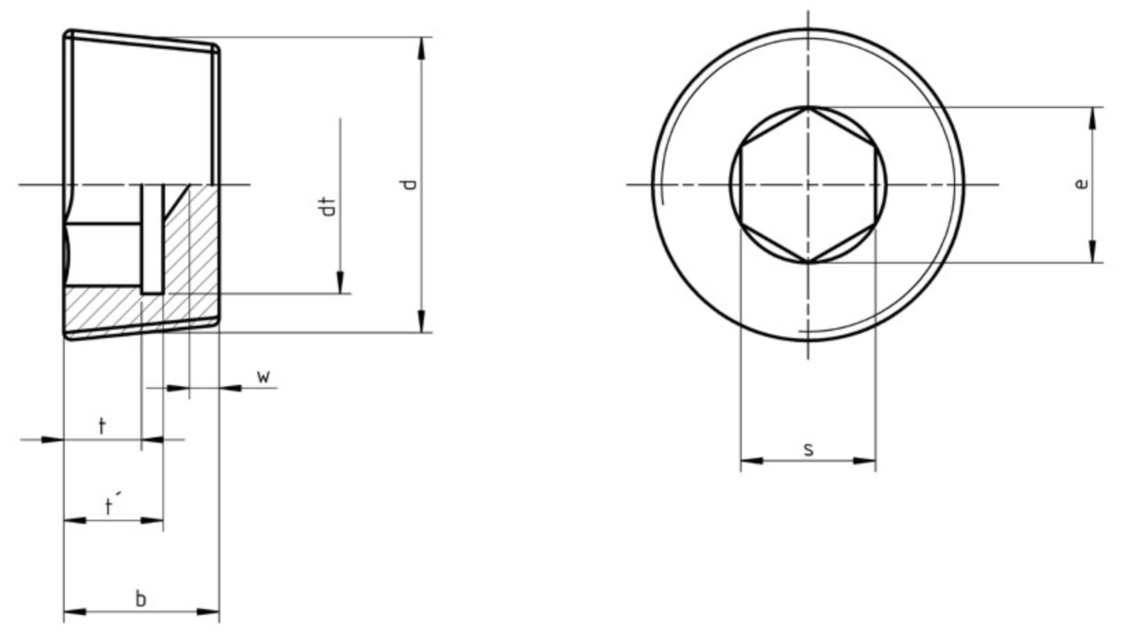 DIN 906 hexagon socket pipe plug engineering drawing — taper thread, hex socket depth s, overall length L, thread diameter d
