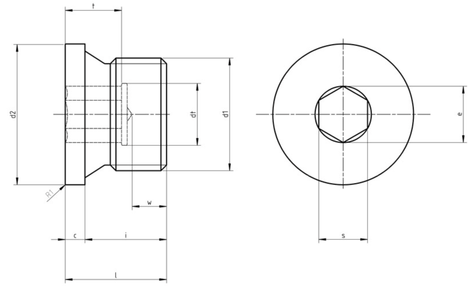 DIN 908 hexagon socket screw plug with collar engineering drawing — collar diameter d2, collar height c, total length L, hex socket s, cylindrical thread d