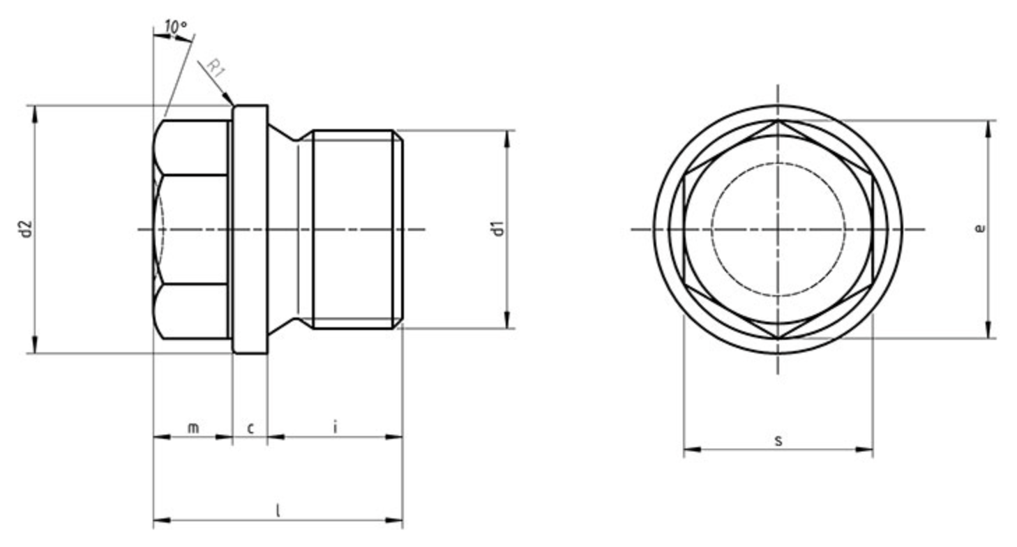 DIN 910 hexagon head screw plug with collar engineering drawing — head diameter dk, hex across-flats s, collar height c, thread length i, total height h