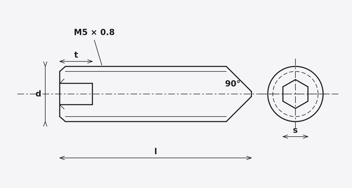 Brassland brass set screw DIN 914 / ISO 4027 — cone point engineering drawing showing hex socket, thread and pointed tip