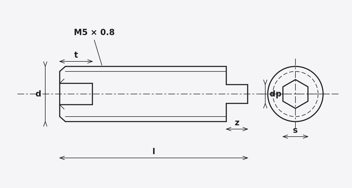 Brassland brass set screw DIN 915 / ISO 4028 — dog point engineering drawing showing hex socket, thread and short dog tip