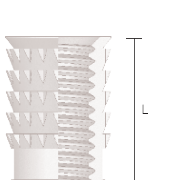 Barbed press-in brass insert design drawing — barbed body, length L, opposed barb rows for high pull-out