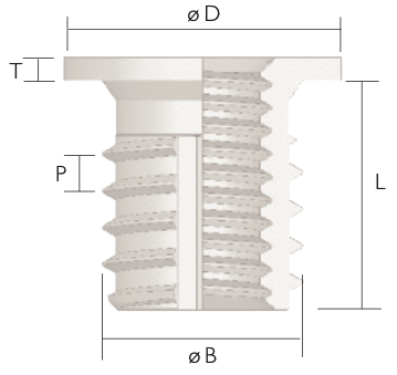 Self-tapping headed brass insert engineering drawing — section view with head, length and body dimensions