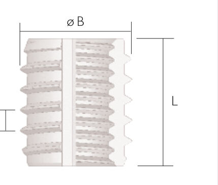 Self-tapping brass insert design drawing — external cutting thread, external diameter øB, length L, pitch P