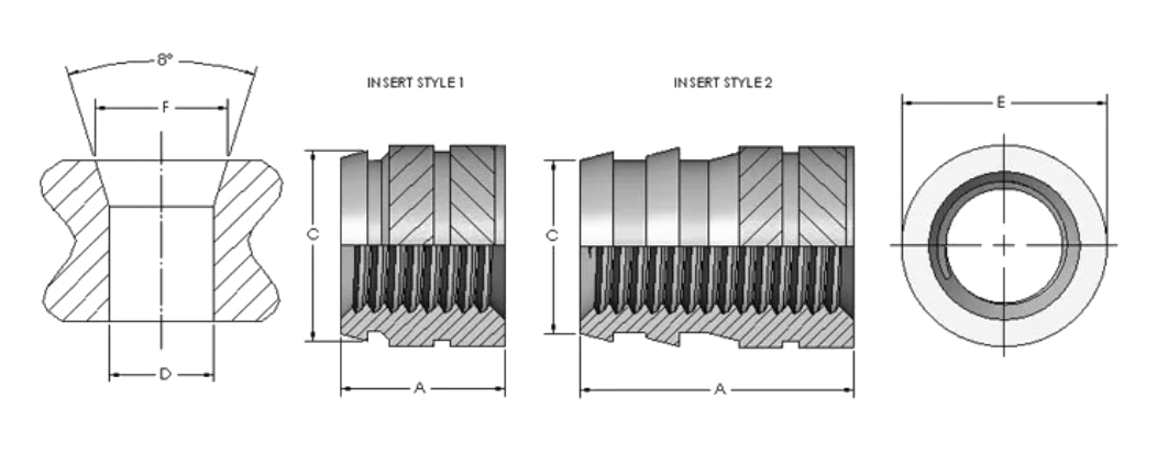 Ultrasonic brass insert engineering drawing — section and plan views, insert styles 1 and 2