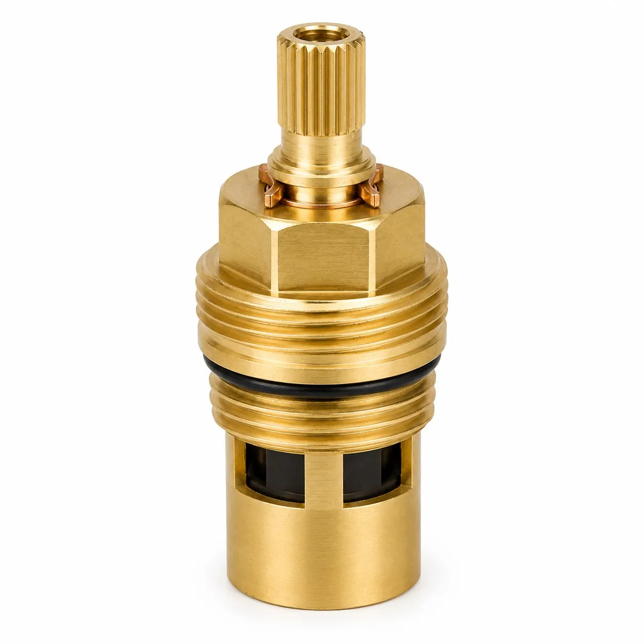 Brass ceramic-disc tap cartridge body machined by Brassland — splined stem, threaded retainer and O-ring grooves