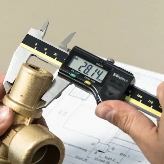 Forged brass fitting measured with a digital caliper