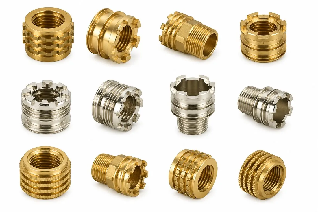 Brass and nickel-plated threaded and moulding inserts machined by Brassland