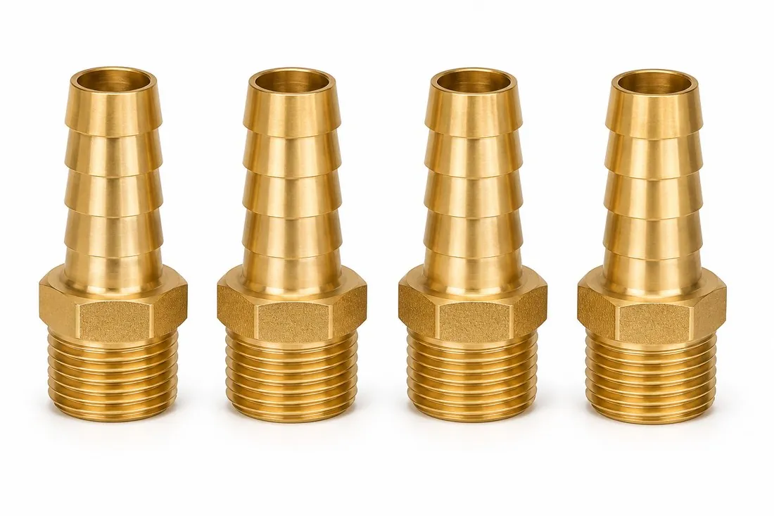 Brass hose barb fittings with male threads machined by Brassland