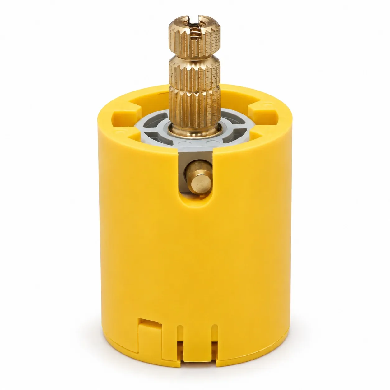 Brass core machined by Brassland for a single-lever ceramic mixing cartridge — splined drive stem and sealing diameters