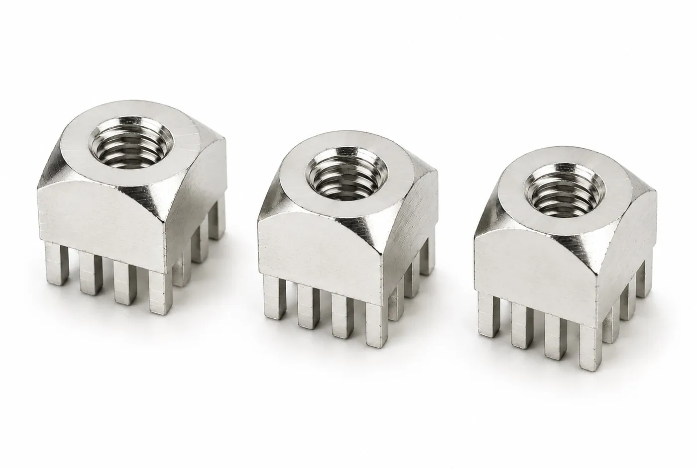 Tin-plated brass PCB terminal blocks with a central internal thread and multiple solder pins for through-hole board mounting