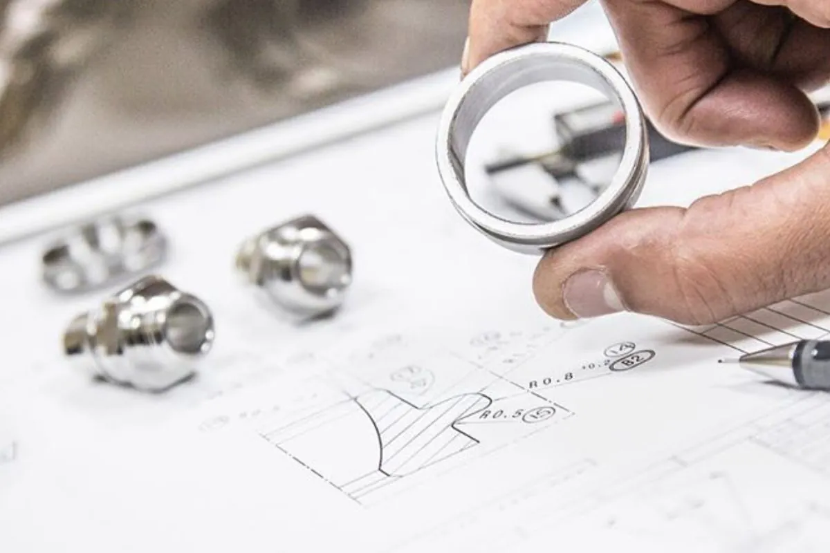 Inspector examining a turned brass ring against an engineering drawing with machined fittings at Brassland