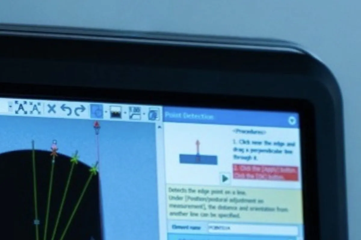 Keyence measurement software detecting edges and dimensions of a brass part on screen at Brassland