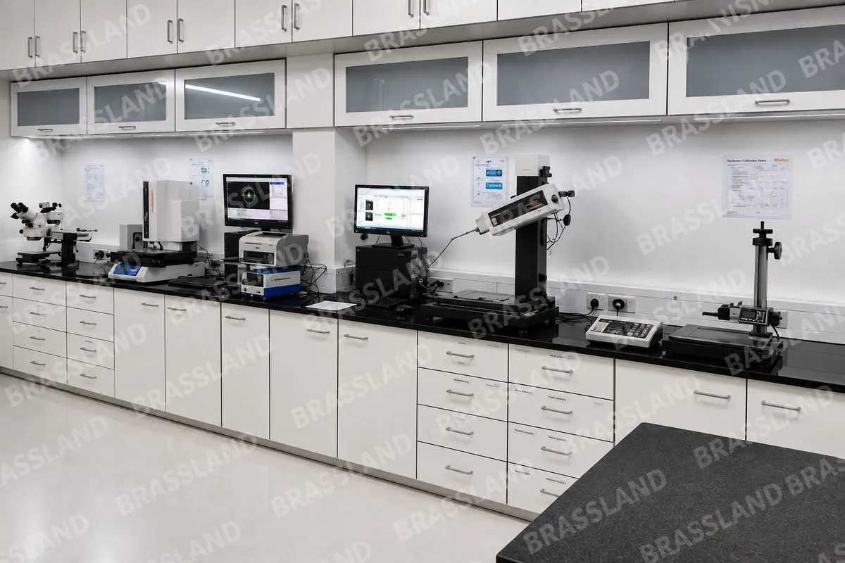 Brassland quality control laboratory with metrology benches and measurement instruments