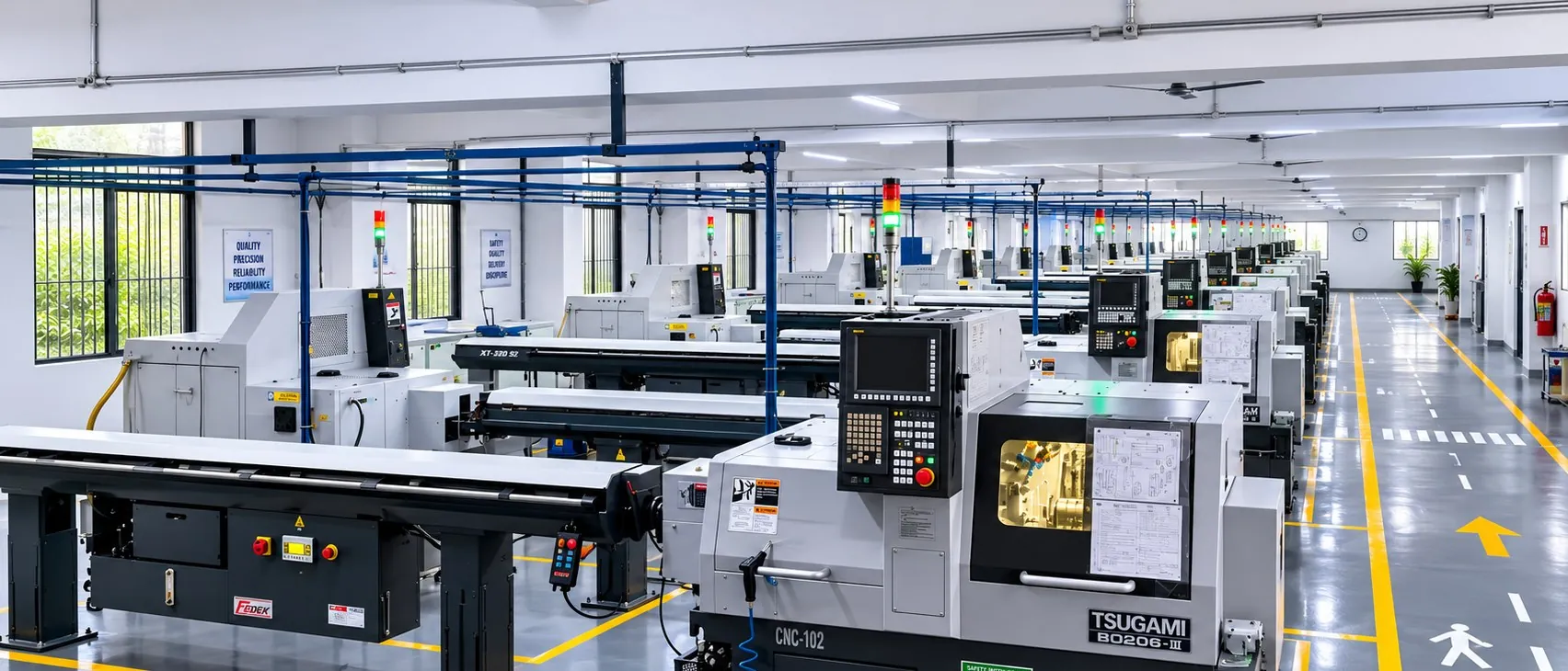Rows of Tsugami Swiss-type CNC lathes on the Brassland shop floor, Jamnagar