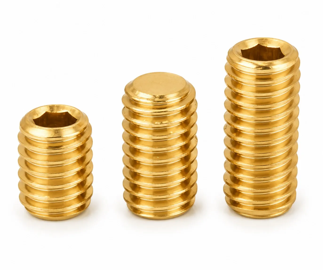 Brass socket set screws — flat, cone, dog and cup point