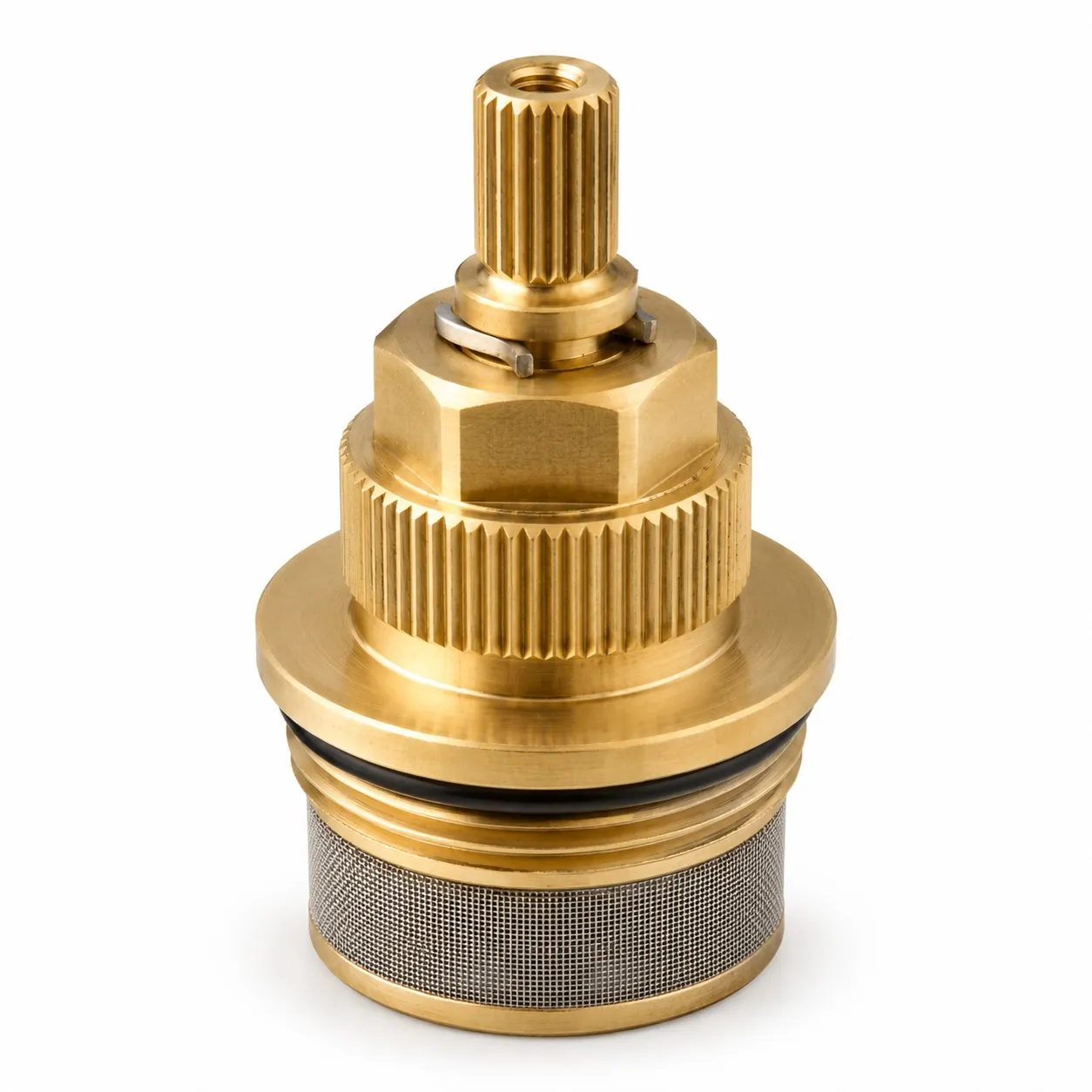 Brass thermostatic mixing cartridge body with integral filter machined by Brassland