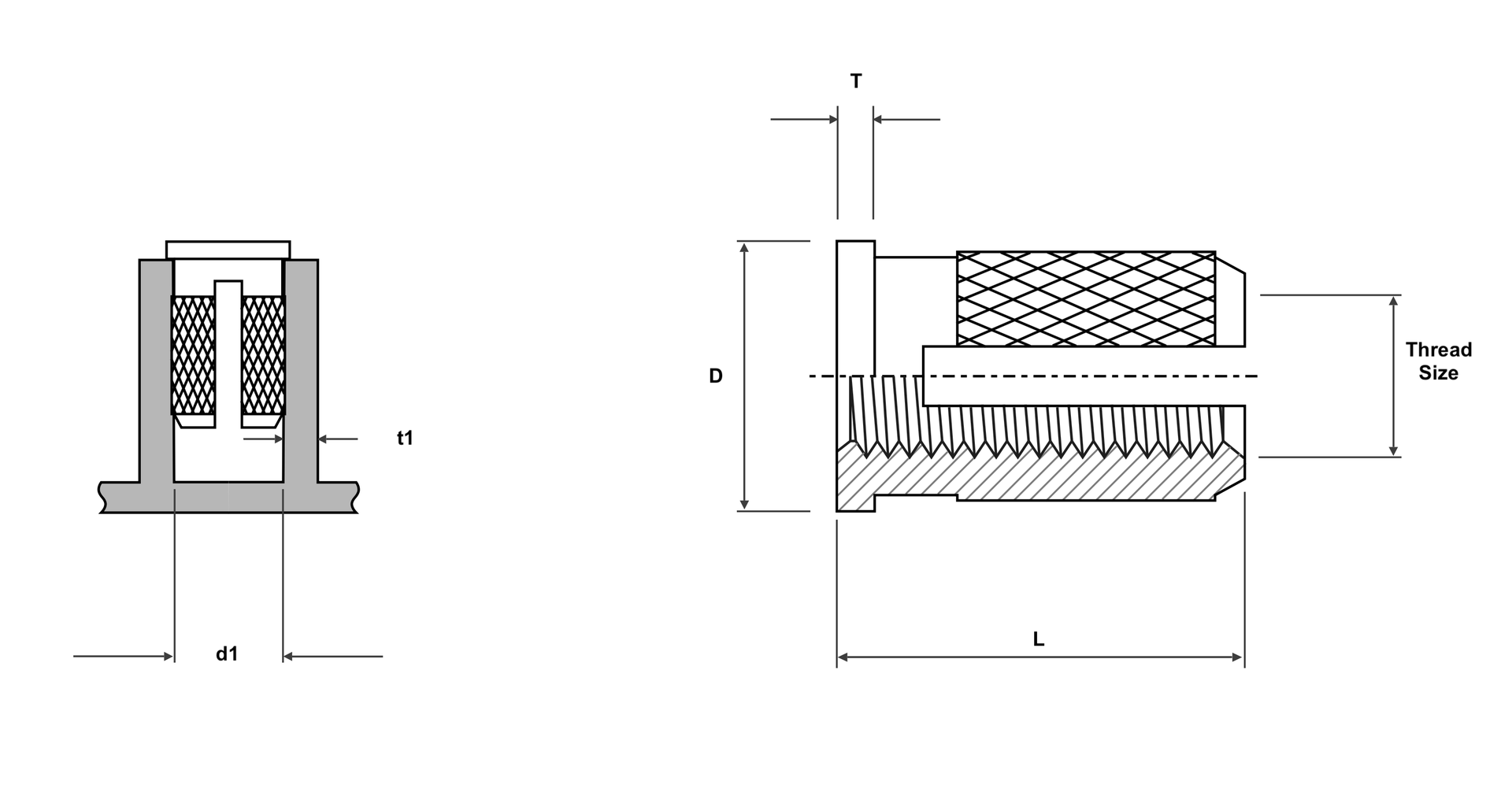 Brassland Expansion Insert Headed — engineering drawing showing thread size, collar diameter D, length L and pilot-hole d₁ for CW614N brass insert