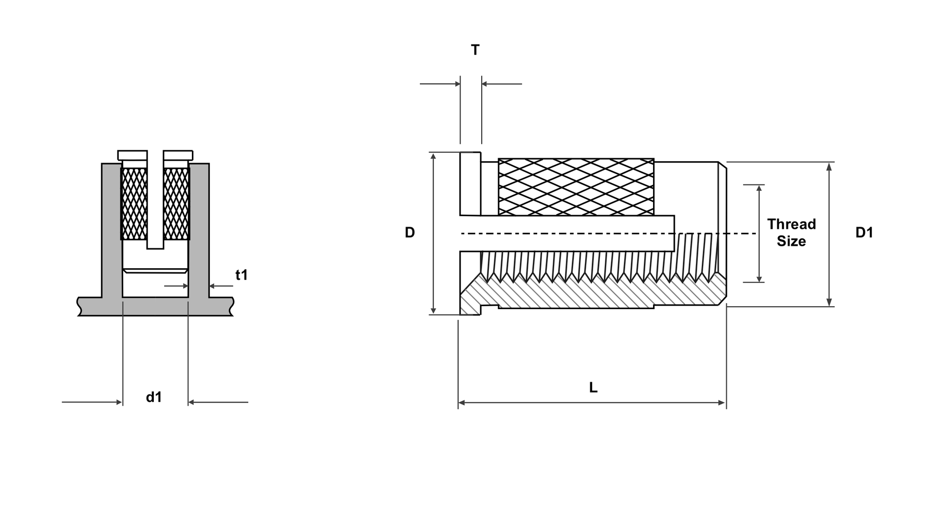 Brassland Expansion Insert Reverse Head — engineering drawing showing collar D, body diameter D₁, length L and pilot-hole d₁