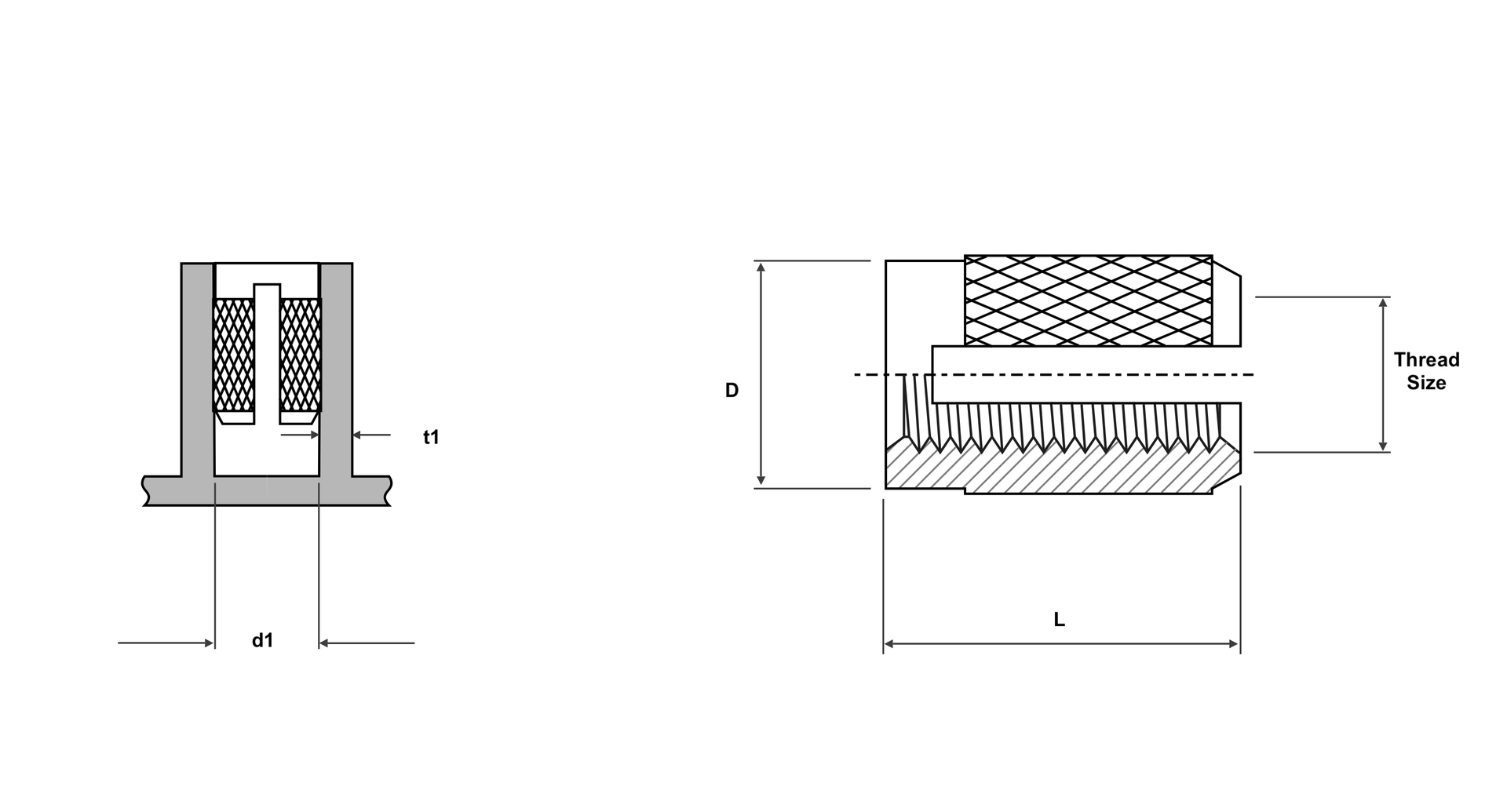 Brassland Expansion Insert Unheaded — engineering drawing showing body diameter D, length L and pilot-hole d₁ for flush installation