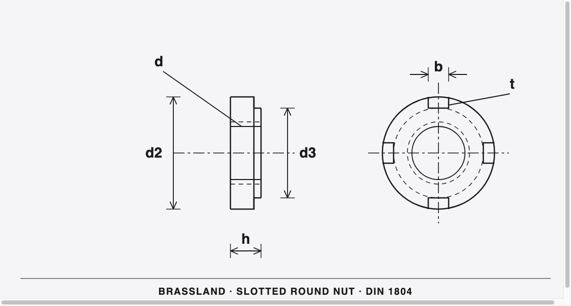 DIN 1804 Brass Slotted Round Nut &mdash; dimensioned engineering drawing