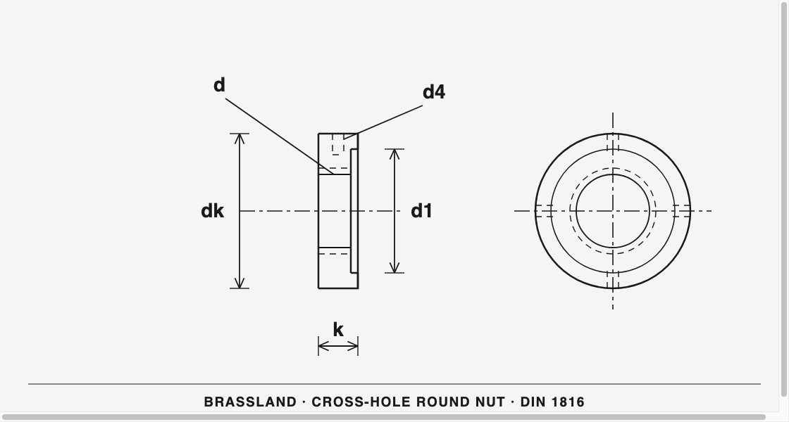 DIN 1816 Brass Cross-Hole Round Nut &mdash; dimensioned engineering drawing
