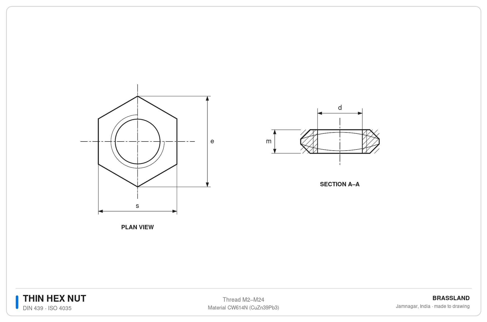 DIN 439 thin hex nut chamfered engineering drawing