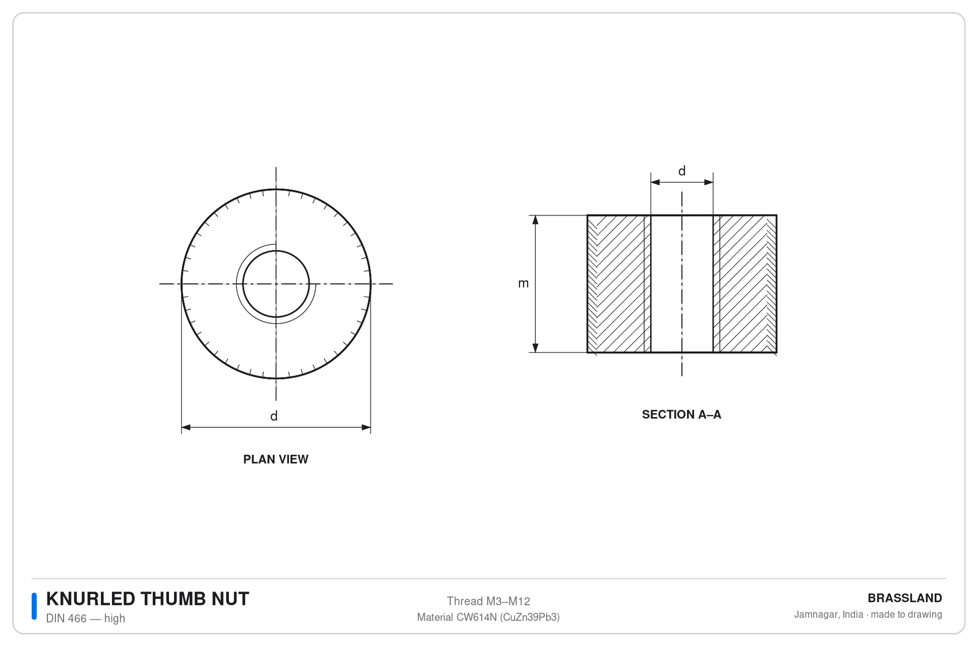 DIN 466 knurled thumb nut engineering drawing
